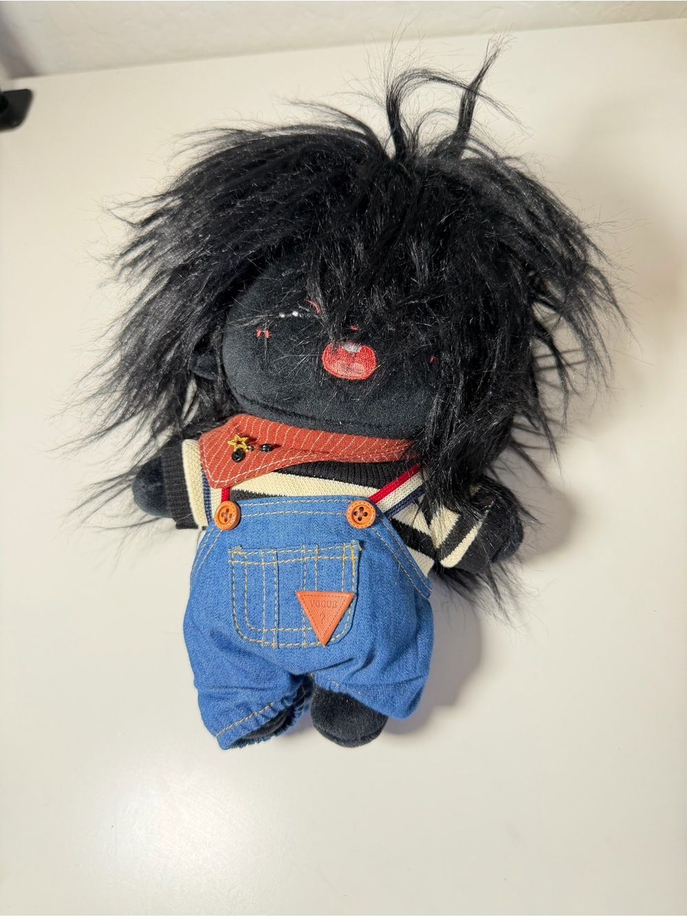 3/$24 Current Mood- JK Black Plush Doll with Blue Denim Overalls and Red Accents
